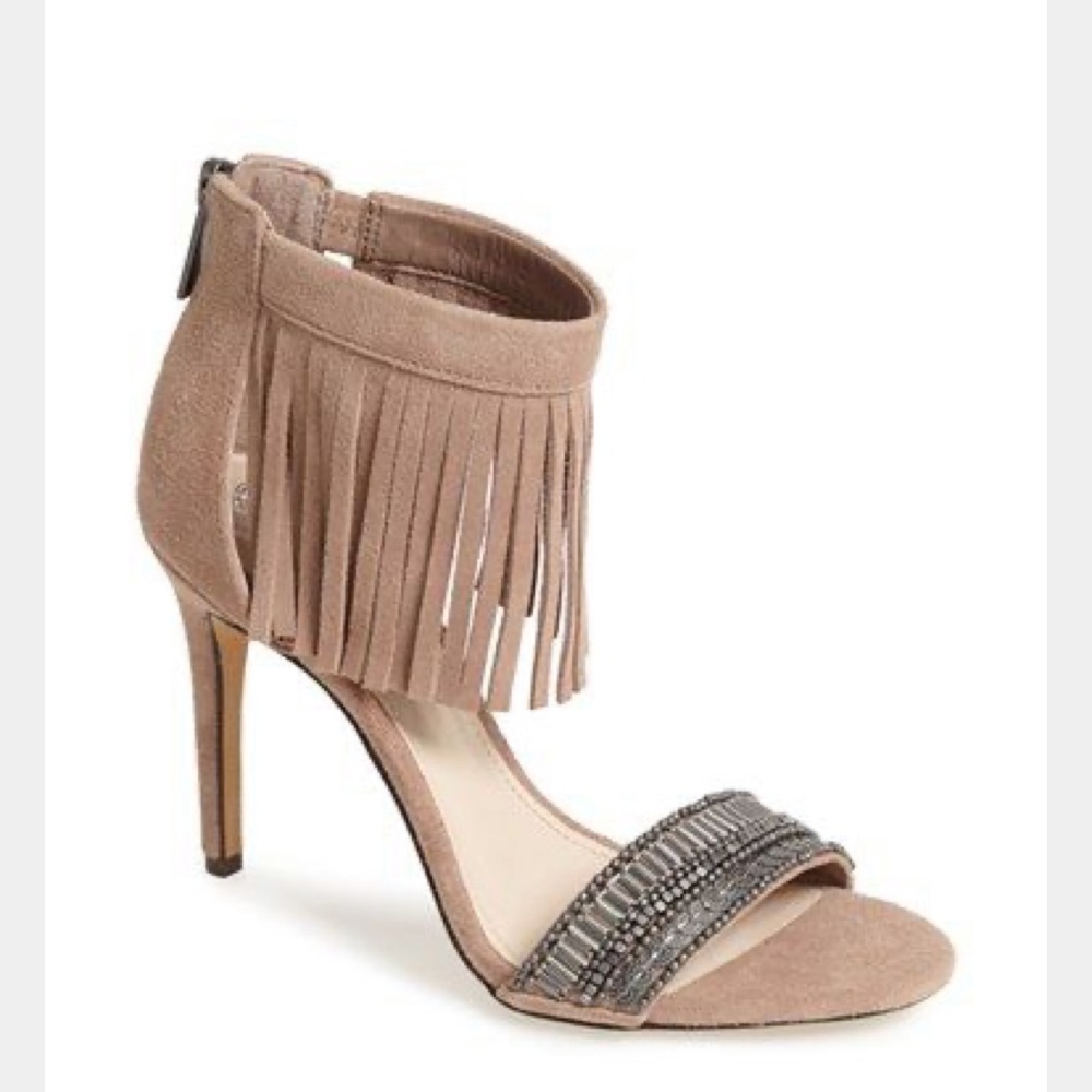 Vince Camuto Trumen Beaded Fringed Open Toe Heel